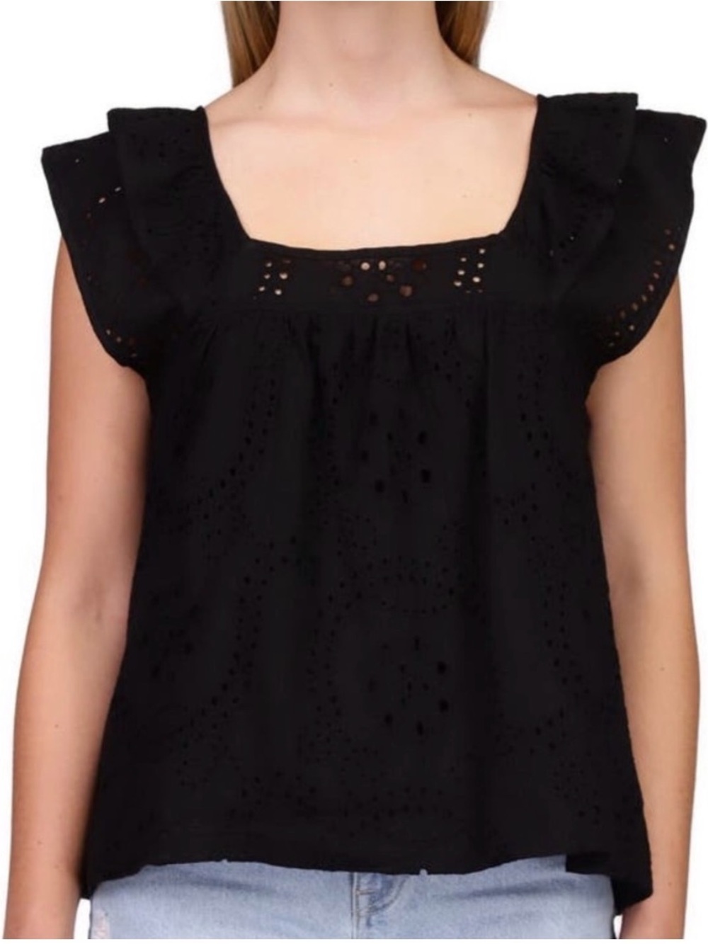 Sanctury Black Eyelet Square-Neck Flutter Sleeve Top - Women